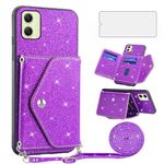 Asuwish Phone Case for Samsung Galaxy A05 Wallet Cover with Tempered Glass Screen Protector and Crossbody Strap Lanyard Bling Glitter Credit Card Holder Stand Cell Accessories Ao5 A 05 Women Purple