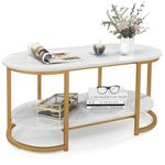 CASART Faux Marble Coffee Table, 2-Tier Center Table with Wide Tabletop & Open Shelf, Gold Frame Accent Coffee Tables for Living Room Bedroom Office