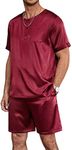 Ekouaer Men Satin Pajamas Set 2 Piece Silk Sleepwear Shorts Button Down Tops Loungewear with Pockets Wine Red