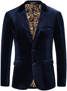 PJ PAUL JONES Mens Velvet Blazer Two Button Sport Coat Solid Slim Fit Suit Jacket for Dinner Prom Wedding, Navy, Medium