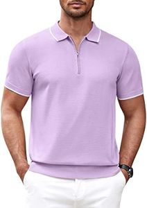 COOFANDY Men's Zipper Polo Shirt Casual Knit Short Sleeve Polo T Shirt Classic Fit Shirts Light Purple Large