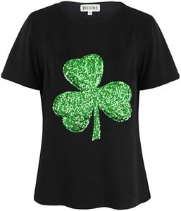 PESION Women's St.Patrick's Day Sparkle Tops Shimmer Glitter O Neck Tops Party Tunic Shirts, Black+ Sequin Shamrock, Small