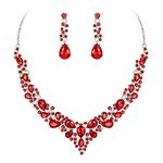 Ever Faith Wedding Bridal Crystal Teardrop Cluster Statement Necklace Dangle Earrings Jewellery Set for Women Red Silver-Tone