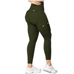 bawilom Women's Cargo Yoga Leggings Butt Lifting Pants with Flap Pockets High Waist Stretchy Running Gym Tights Activewear Army Green