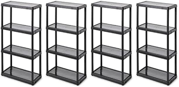 Gracious Living Multipurpose 4 Shelf Fixed Height Solid Plastic Resin Storage Unit for Indoor and Outdoor Home or Office Organization, Black (4 Pack)