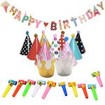 11Pcs Party Hats Paper Cone Birthday Hats with Pom Poms,crowns 10 Pcs Party Blowouts and Birthday Banner Set