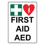 ComplianceSigns Vertical Aluminum First Aid AED Sign, 10 x 7 in. with English Text and Symbol, White
