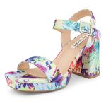 JOY IN LOVE Women's Chunky Platform High Heels Ankle Strap Block Heel Sandals, Floral Fabric, 4.5 UK