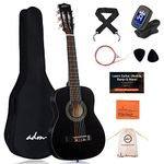 ADM 1/4 Kids Classical Guitar Kit, Junior Guitar Set for Beginnner with Gig Bag, Clip on Tuner, Strap, Picks, Extra Strings, Storage Bag and Cleaning Cloth (Bright Black, 30")