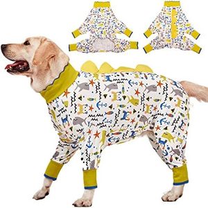 LovinPet Big Dogs Pjs, Large Dog Pajamas, Anti Licking Pet Anxiety Shirt, Surgical Recovery Onesie, Large Breed Dog Jammies, Pet PJ's,Lightweight Stretch, White Sea Life Print Dog Clothing /3XL