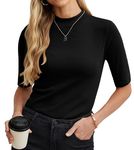 PrinStory Women Summer Top Casual Mock Neck Short Sleeves T Shirt Lightweight Slim Fit Shirt