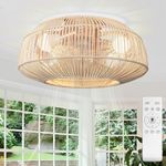 Frstem Boho Caged Ceiling Fan with Lights & Remote Control Kit, 20" Flush Mount Rattan Fandelier, Enclosed/Low Profile/6-speed/Quiet DC Motor Fan Chandelier for Living Room Bedroom Kitchen Nursery