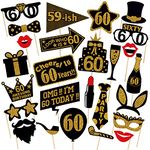 Zyozique 60th Birthday Photo Booth Props - Set of 26 - Black & Gold Selfie Signs - 60th Party Supplies & Decorations - Cute 60th Bday Designs