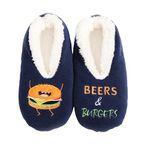 Splosh Men's Navy Burger Slippers - Small adult burger slippers with a fun navy design to keep you warm in soft, comfy and fluffy mens slippers. Machine washable with anti slip soles. Dad Gifts.