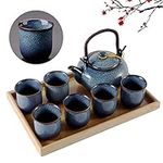 DUJUST Japanese Tea Set for 6, Kiln Altered Glaze Porcelain Tea Set with 1 Teapot, 6 Tea Cups & 1 Tea Tray, Unique Chinese Tea Set for Adults/Tea Lovers/Women/Men, Light Blue