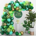 Green Blue Balloon Arch Kit, 145Pcs Dark Green Balloon Arch with Fruit Green Blue Gold Confetti Balloons and Monstera Leaves, Green Balloons for Baby Shower, Jungle Birthday Party, Hawaii Decoration