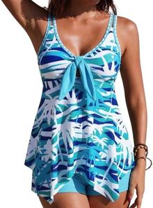 Firpearl Swim Suits for Women Tankini with Shorts Tummy Control Two Piece Bathing Suit Swimwear L/US10-12 Lake Blue Palm