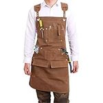 LYCN Wood Work Aprons, Adjustable Cotton Canvas Apron with Pockets, Heavy Duty Workshop Cross Back Carpenter Work Aprons for Chef's Gift Horticulture Barbecue Cafe (Brown)