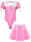 iiniim Mens Sissy Ruffle Lace Patent Leather Maid Cosplay Costume Leotard Bodysuit Skirt Pink B M