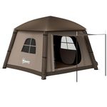 Outsunny Inflatable Camping Tent, 2 Min. Easy Setup Glamping Tent, Outdoor Shelter Portable Blow Up Tent with Hand Pump, Mesh Windows, Doors and Carry Bag, Khaki and Brown