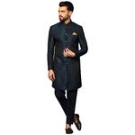 KISAH Men's Royal Blue Indo-Western Sherwani Trousers Set, Cotton Full Sleaves, Knee Length, Straight, Regular Fit, Mandarin Collar Ethnic wear (44)