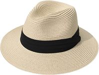 Women Wide Brim Straw Panama Roll up Hat Fedora Beach Sun Hat UPF50+ 001-fold Belt Khaki