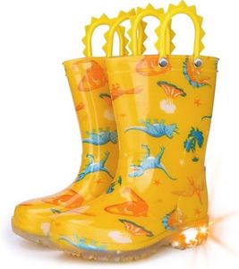 Funspread Toddlers Kids Rain Boots - Light Up Rain Boots for Boys Waterproof Outdoor Shoes with Easy-On Handles Yellow Toddlers Size 10