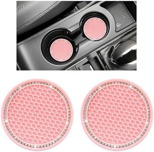 Ziciner 2 Pack Bling Car Cup Coasters, Anti-Slip Crystal Rhinestone Auto Cup Insert Coaster, Soft Rubber Universal Vehicle Accessories Pad (Pink-white)