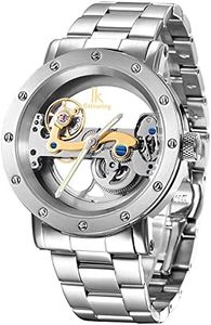 Alienwork IK Automatic Watch Men Women Skeleton Bridge Movement Glass Bottom, Silver/Silver/Silver Mov./Metal Strap Silver, Bracelet