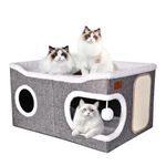 Extra Large Cat Beds for Indoor Cats, Covered Cat Cave Beds & Furniture with Scratch Pad and Fluffy Ball, Foldable Condo Hideaway with Reversible Cushion for Multi Small Pet Large Kittens, Grey