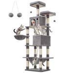 Feandrea Cat Tree, 81.1-Inch Large Cat Tower with 13 Scratching Posts, 2 Perches, 2 Caves, Basket, Hammock, Pompoms, Multi-Level Plush Cat Condo for Indoor Cats, Light Gray UPCT190W01