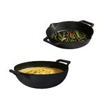 Meyer Pre- Seasoned Cast Iron 3 Piece Cookware Set - 26cm Skillet + 26cm Kadai with Interchangeable Lid | Cast Iron Cookware for Kitchen | Gas and Induction Compatible, Black