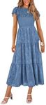 PRETTYGARDEN Women's Floral Midi Dresses 2025 Summer Cap Sleeve Smocked Ruffle A Line Long Flowy Wedding Guest Dress (Blue,Medium)