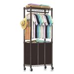 Hodonas Laundry Sorter 3 Section with Hanging Bar, Rolling Laundry Hamper Cart 3-Bag Laundry Basket Organizer Sorter with Hanging Rack Lockable Wheels and Removeable Bags for Clothes Storage, Espresso