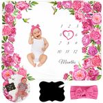 KEMINA BLANKETS Milestone Blanket for Baby Girl Personalized Board with Frame and Headband, Floral Baby Girl Milestone Blanket Monthly Baby Milestone, Baby Girl Month Blanket, 50x40