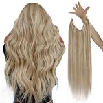 Sunny Hair Wire Hair Extensions Human Hair Invisible Wire Hair Extensions for Women Straight Hidden Hair Extensions with Adjustable Line Ash Blonde Highlights Golden Blonde 16Inch