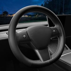 LKWLIKEI Custom car Steering Wheel Cover for Tesla. Nappa Leather Ultra-Thin with Non-Slip Design and Interior Modification of Accessories (for Tesla Model 3/Y)(Black),(TSL-2)