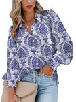 Zeagoo Womens Shirts Button Down Printed Lantern Long Sleeve Blouse Fashion Casual Tops 2024, Multi Dark Blue, Medium