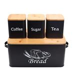 SOTECH Kitchen Bread Box with 3pcs Jars Coffee Sugar Tea Can Pastry Storage Container Set Large Metal Bread Bin With Bamboo Cutting Board Lid for kitchen Countertop (Black Bread Box+3 Square Jar)