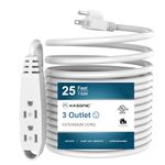 25-Feet 3 Outlet Extension Cord, Kasonic UL Listed, 16/3 SJTW 3-Wire Grounded, 13 Amp 125 V 1625 Watts, Multi-Outlet Indoor/Outdoor Use, White