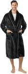 PAVILIA Mens Soft Robe, Plush Warm Bathrobe for Men, Long Spa Robe with Shawl Collar, Pockets, Trim Piping (Black)