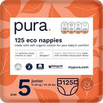 Pura Premium Eco Baby Toddler Nappies Size 5 (Junior 11-25kg / 24-55 lbs) Monthly Pack 5 x 25 per pack, 125 Nappies, Toddler, EU Ecolabel Certified, Organic Cotton, up to 12-hour Leakage Protection