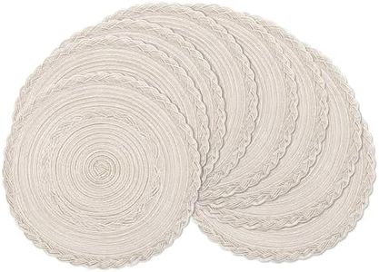 SHACOS Boho Round Placemats Set of 8 Braided Border Round Place Mats 15 inch Washable Dining Table Mats for Home Wedding Holiday Party (Ivory Bordered, 8)
