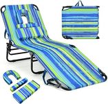 Giantex Tanning Chair, 350lbs Adjustable Patio Lounge Chair w/Face Hole, Removable Pillows, Carry Strap, Layout Chair, Folding Beach Chair, Outdoor Chaise Lounge for Poolside Lawn (1, Stripe)