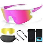Odoland Polarized Cycling Glasses, Sports Sunglasses with Interchangeable Lense, UV 400 Protection, MTB Biking Baseball Running Sports Glasses for Men Women Youth, Pink