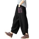 Hwayslon Women's Baggy Linen Wide Leg Trousers Casual Patchwork Elastic Waist Harem Pants Harlan Pants M -XXL (Black, M)