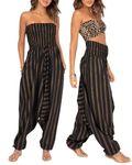likemary Jumpsuit for Women UK - Pull down into Elastic Waist Trousers - 2-in-1 Outfit - One Size Cotton Jumpsuits convert into Summer Harem Pants with Pockets - Black Gold Stripes Print