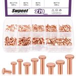 Swpeet 270Pcs Flat Head Copper Solid Rivet Metal Fasteners Set, Copper Solid Rivets Rivet Fastener Ideal for Electrical Applications Belts Wallets Collars Leather DIY Craft Supplies