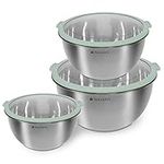 Navaris Stainless Steel Mixing Bowls (Set of 3) - Mixing Bowl Set with Lids, Non-Slip Silicone Base, Measurements - 1.4, 2.8, 4.7 Litres (Mint Green)