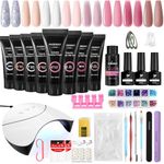 PHOENIXY Poly Nail Gel Kit, 8 Pcs Poly Extension Builder Gel Nail Kit with Nail Lamp Glossy Matte Top Coat Christmas Gift for Women DIY Nail Art at Home